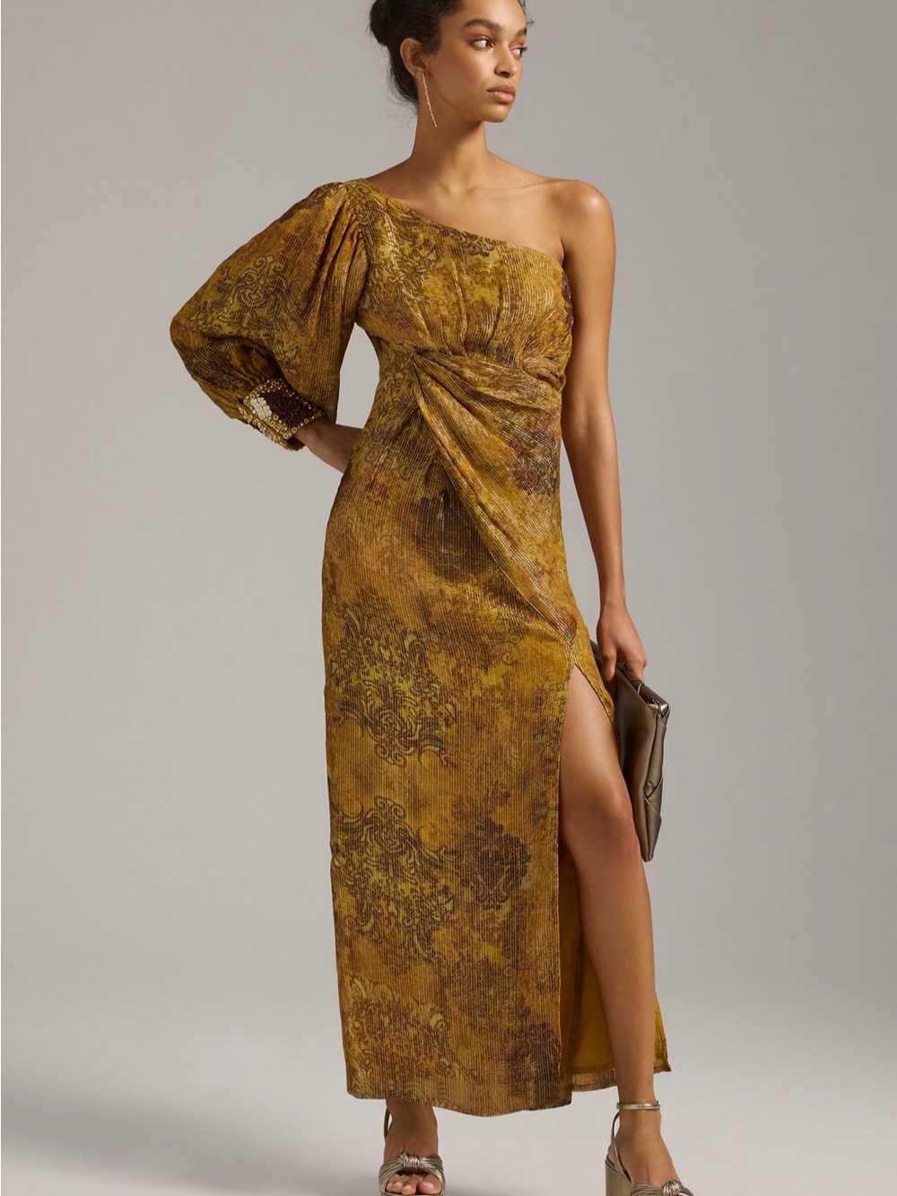 Anthropologie Nirmooha One-Shoulder Embellished Shine Dress XS Honey NWT